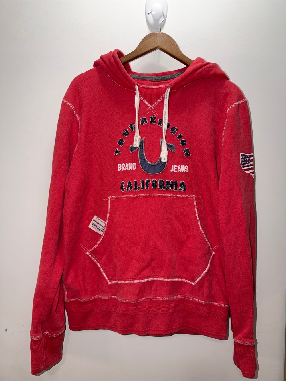 Y2K True Religion Red Hooded Sweatshirt with California Branding Size M; 27x24